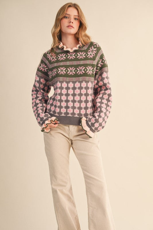 Ruffled Mock Neck Fair Isle Sweater-PREORDER