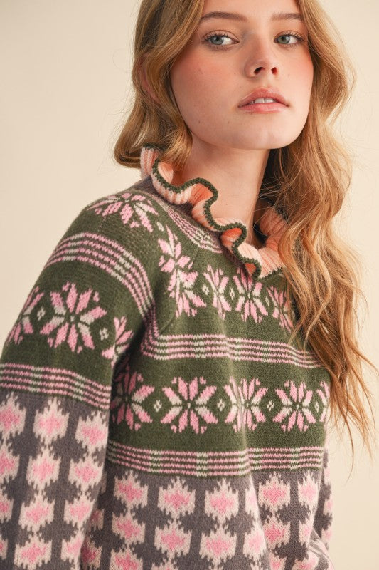 Ruffled Mock Neck Fair Isle Sweater-PREORDER