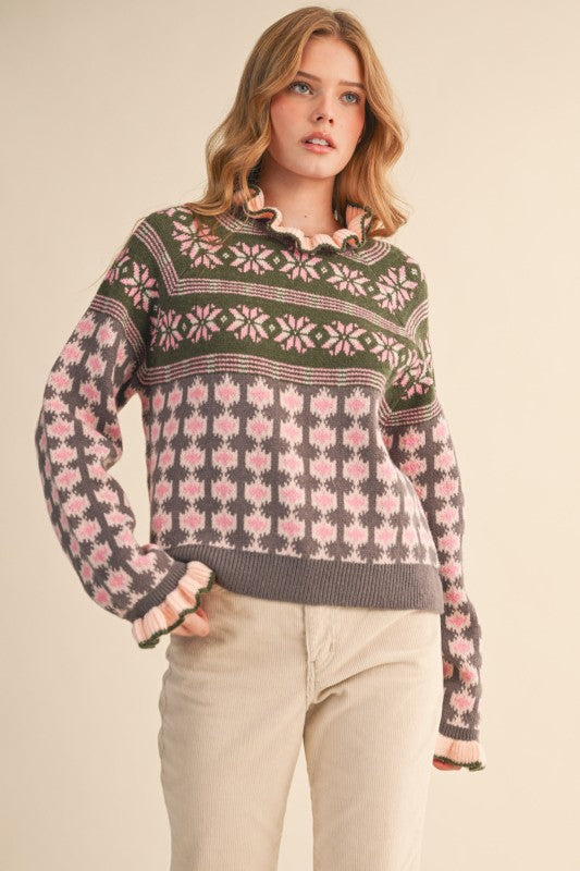 Ruffled Mock Neck Fair Isle Sweater-PREORDER