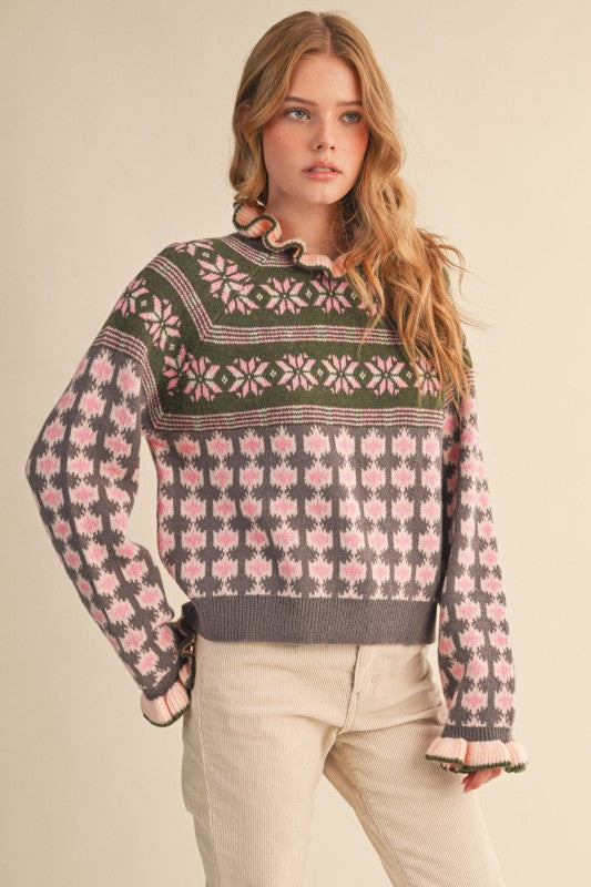 Ruffled Mock Neck Fair Isle Sweater-PREORDER