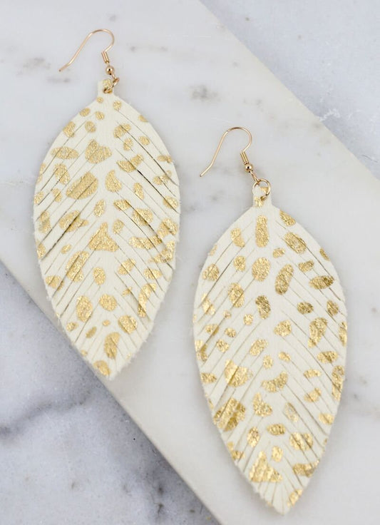 White and Gold Leather Feather Earrings