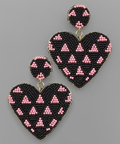 Triangle Pattern Heart Bead Earrings in Black and Pink