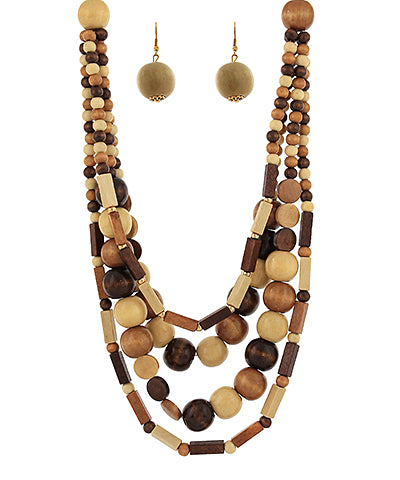 4 Layered Wood Ball & Bead Necklace Set