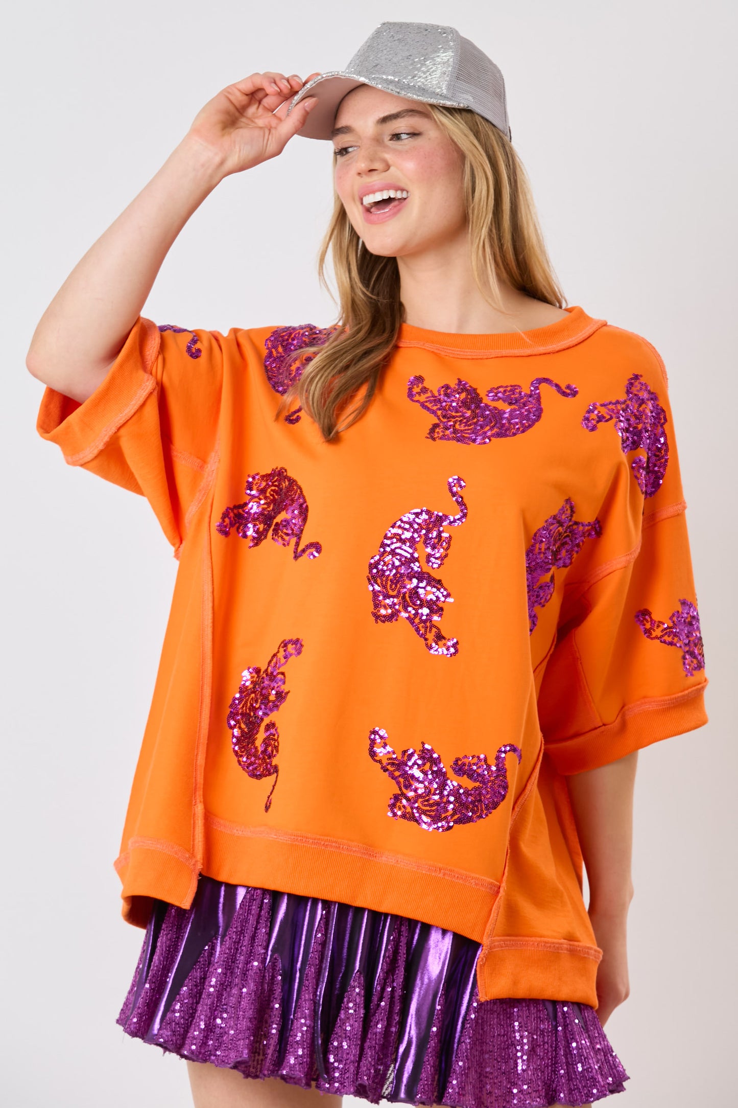 Sequin Tiger Top, Orange and Purple, short sleeve