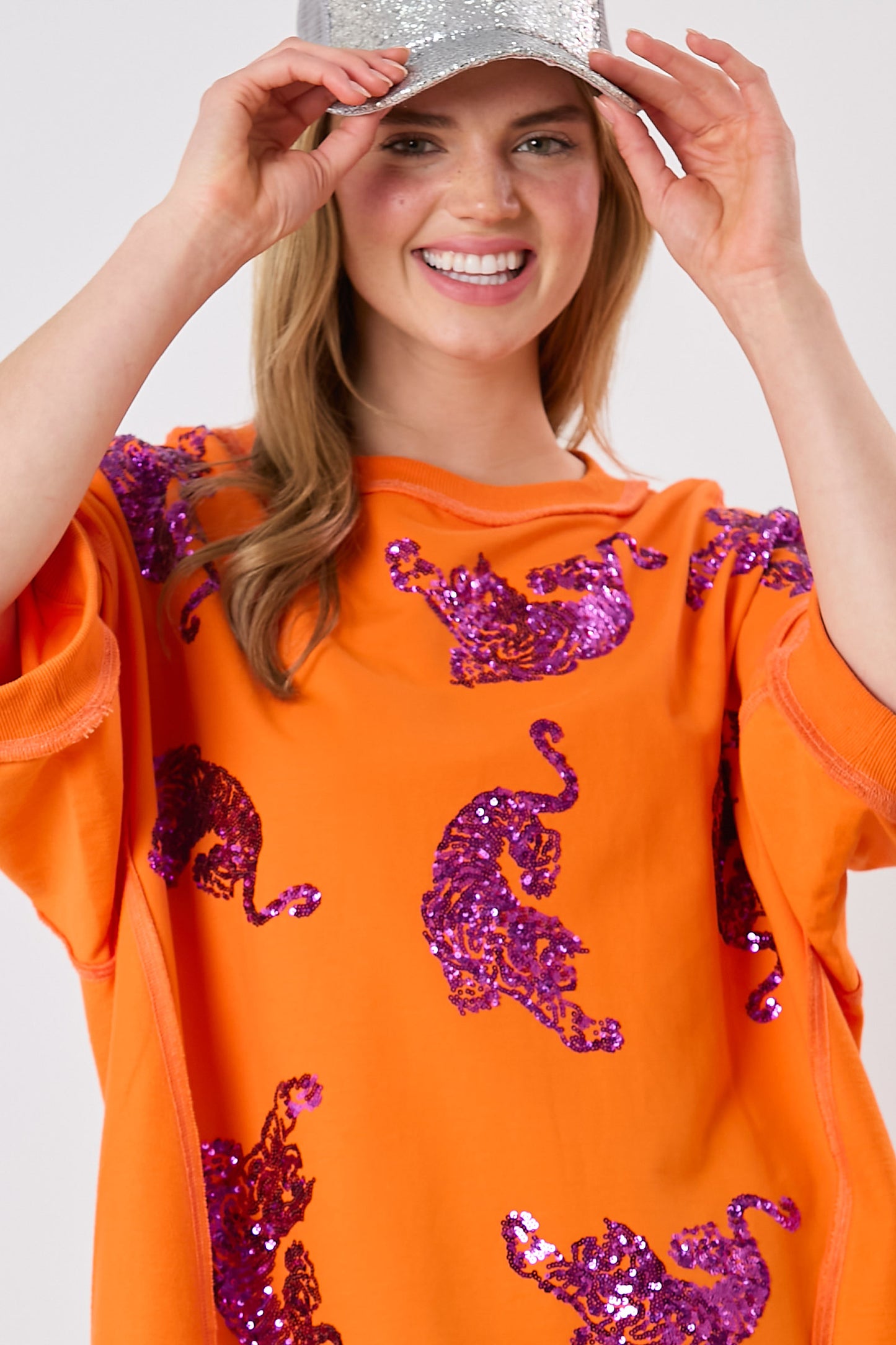 Sequin Tiger Top, Orange and Purple, short sleeve