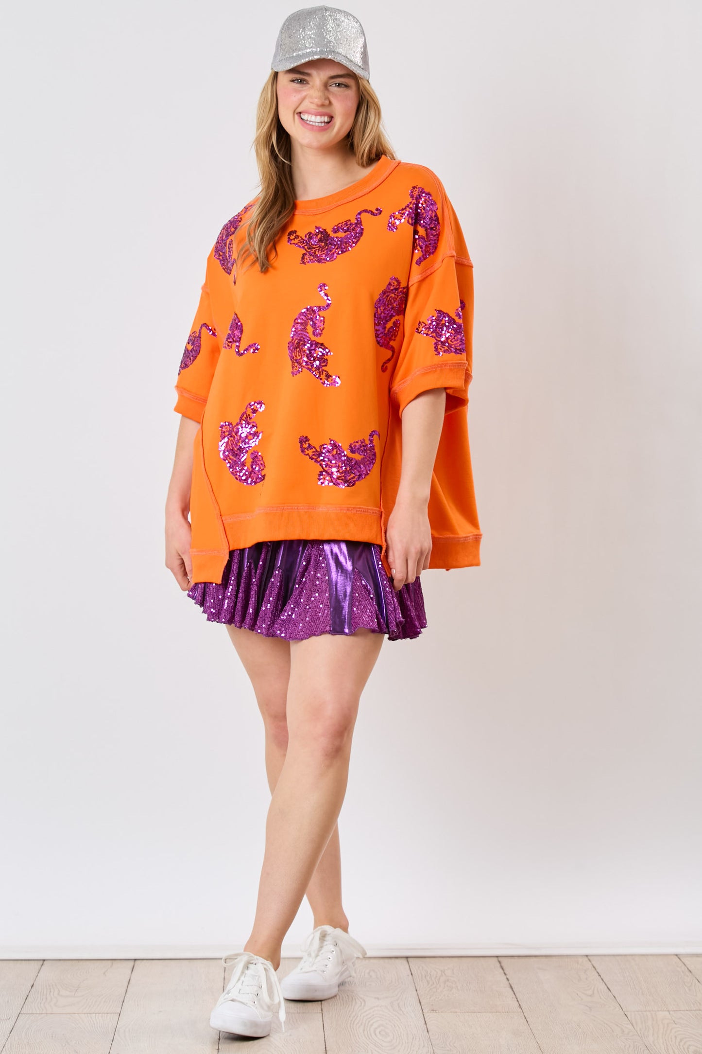 Sequin Tiger Top, Orange and Purple, short sleeve