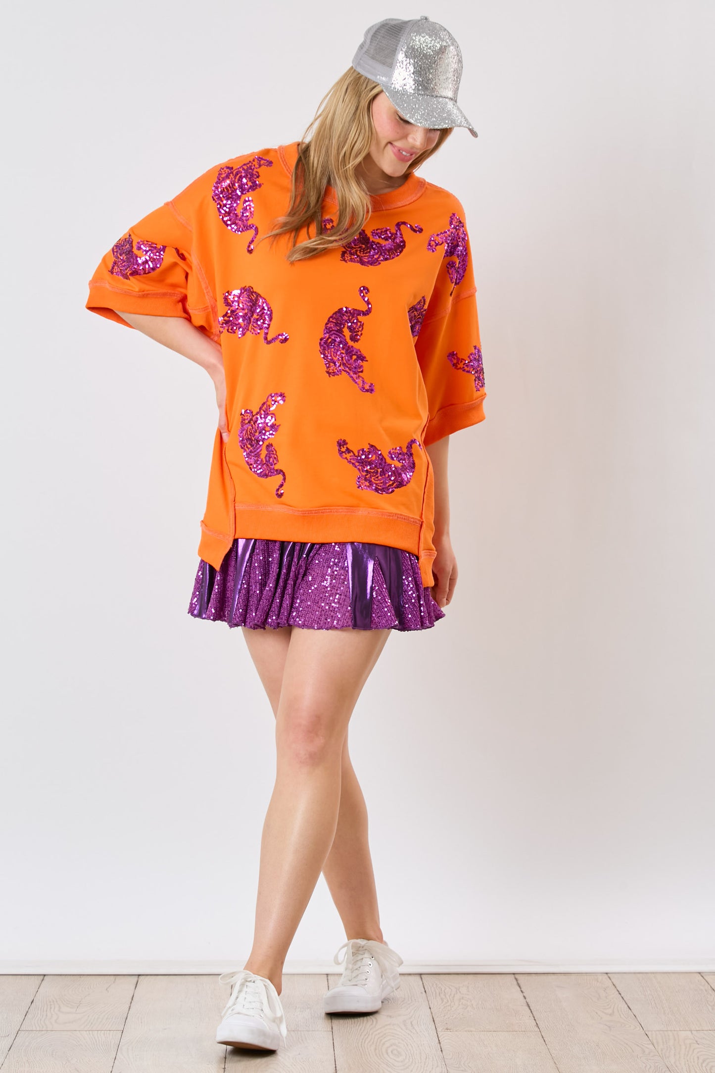 Sequin Tiger Top, Orange and Purple, short sleeve