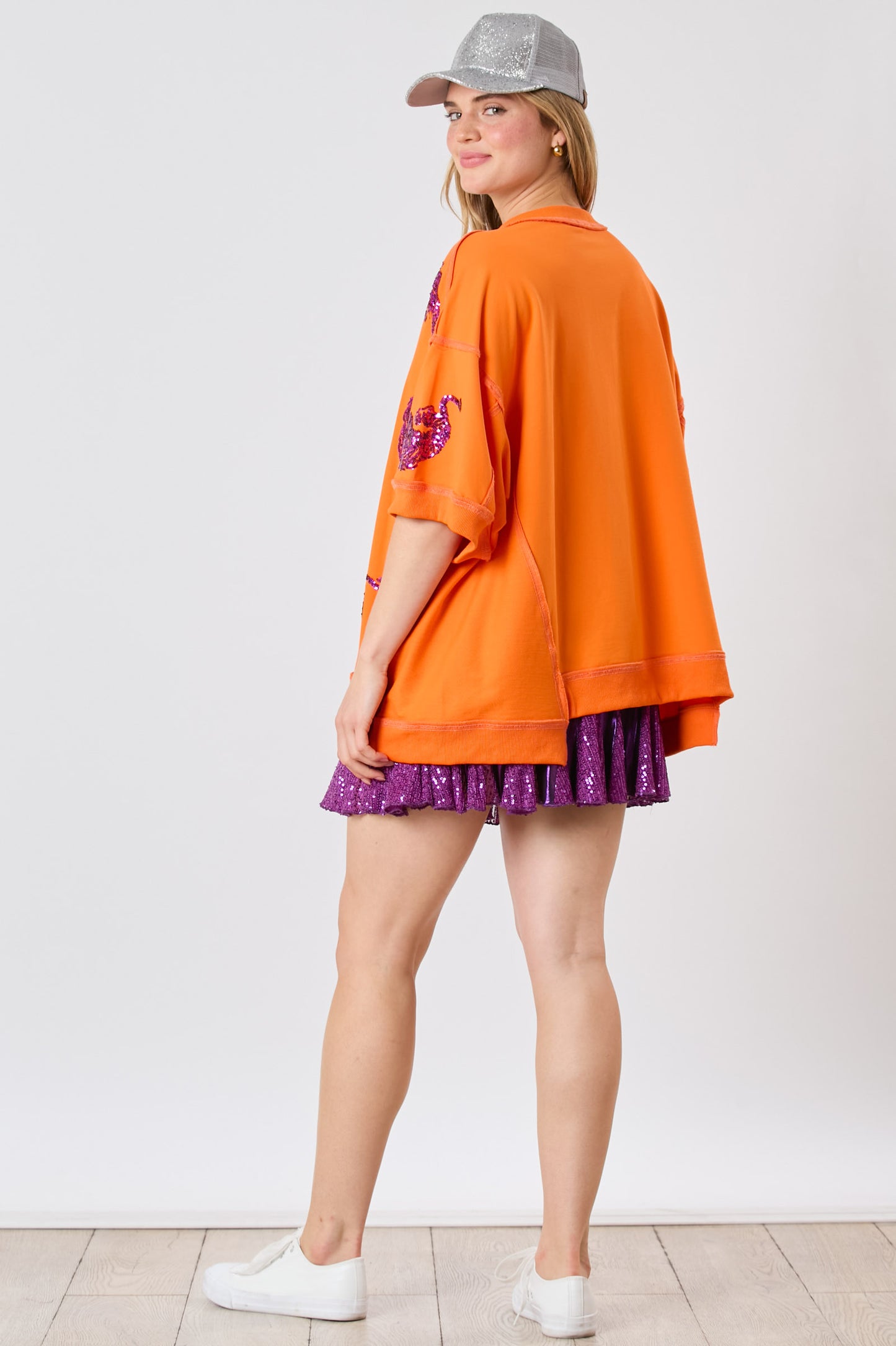 Sequin Tiger Top, Orange and Purple, short sleeve