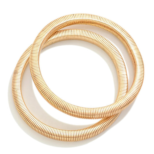 Set of Two Gold Tone Metal Omega Chain Stretch Bracelets