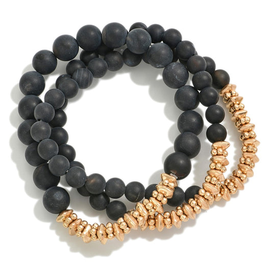 Set of Three Semi-Precious Stone Beaded Stretch Bracelet Set