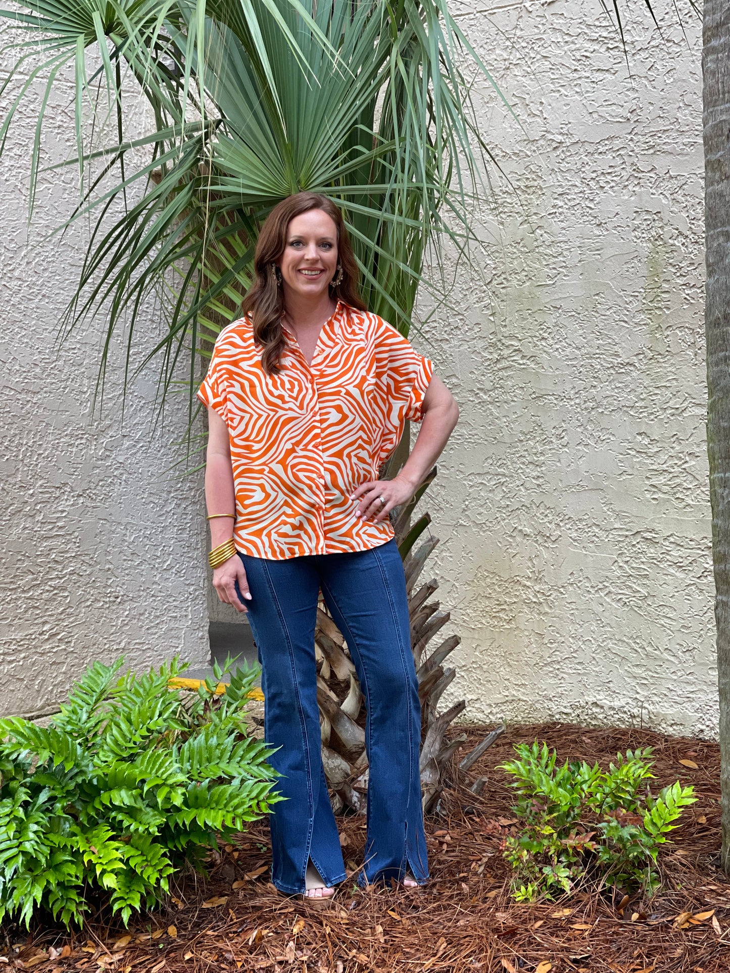 Tiger Striped button top, Orange and Cream