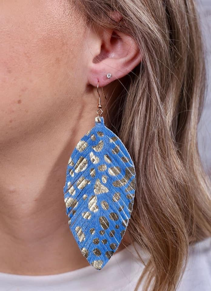 Blue and Gold Leather Feather Earrings