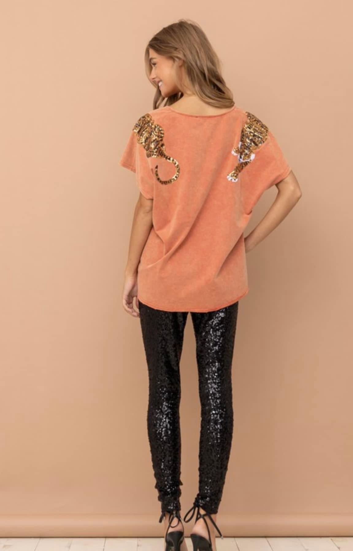 PREORDER, Sequin Tiger Tee Rust