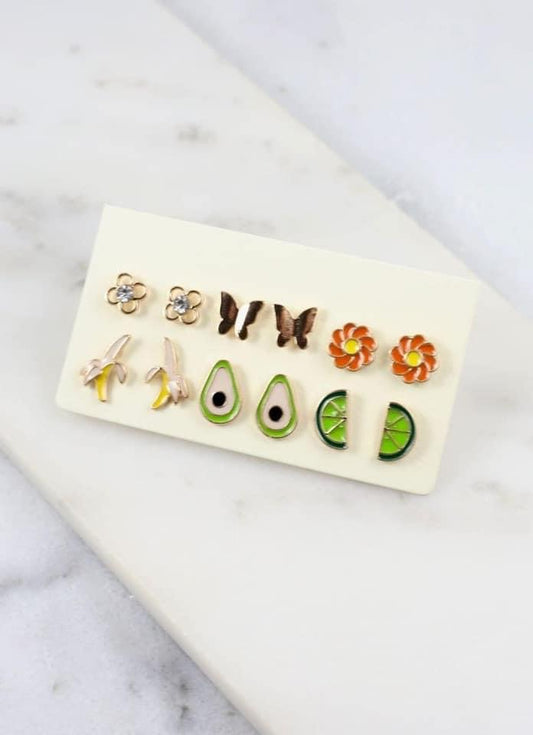 Set of six stud earrings. It includes flowers, butterflies, bananas, avocados, and lime slices.