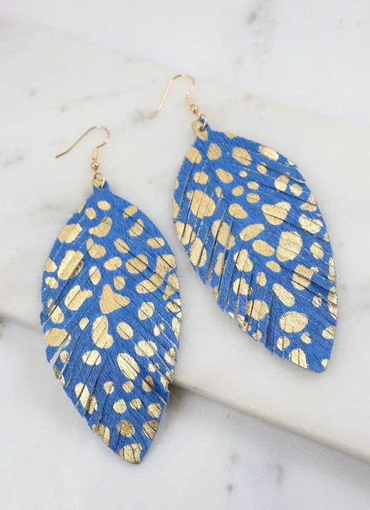 Blue and Gold Leather Feather Earrings